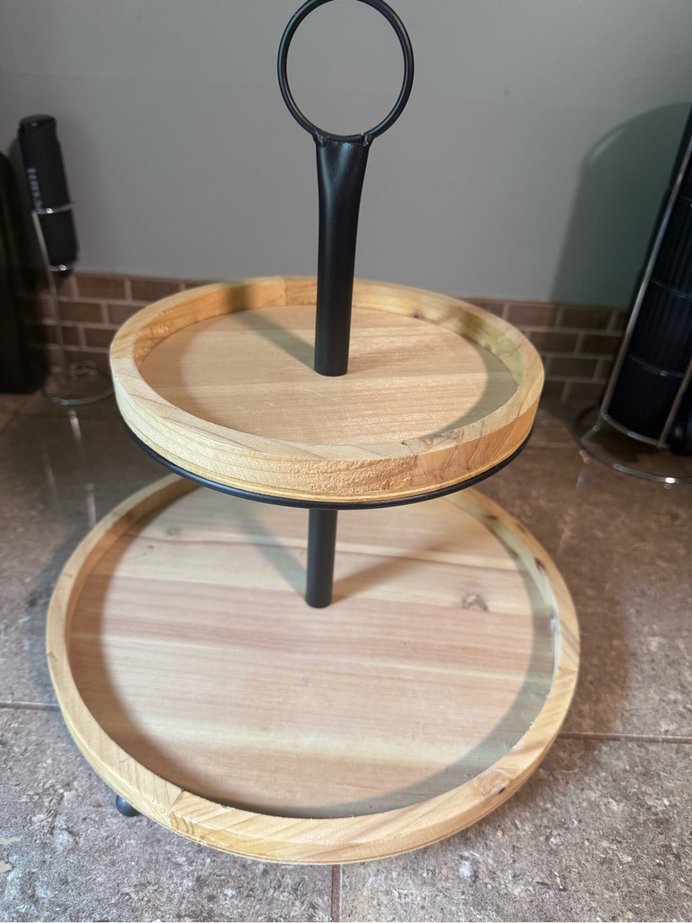 Hobby Lobby Natural Wood and Black Two-Tier Serving Stand
